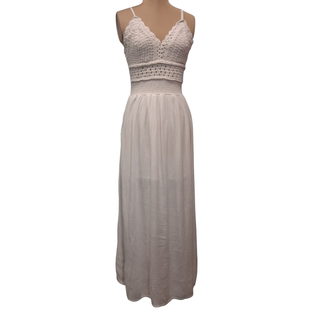 Rebellion Again Womens Dress White Crochet Top Airy Rayon Maxi Beachy Bridal M